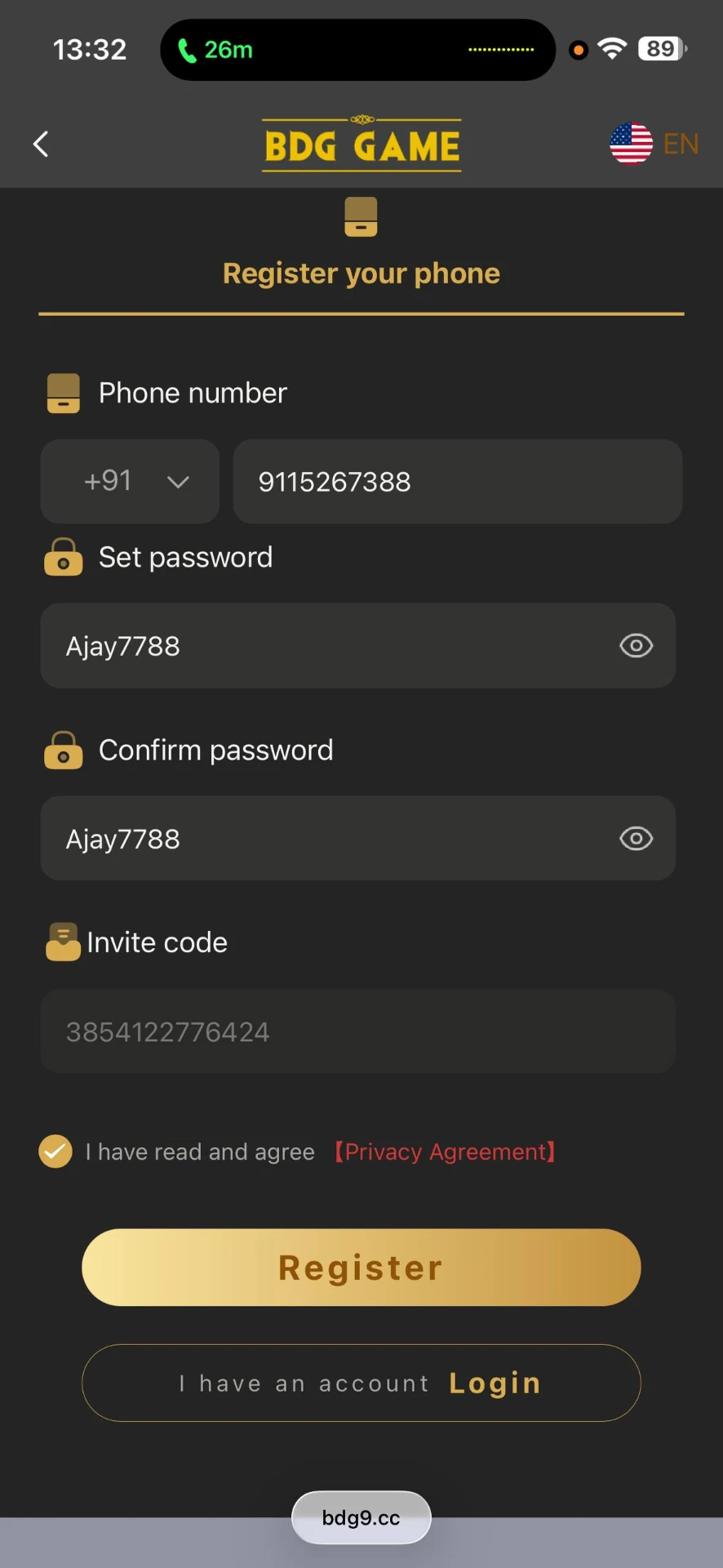 BDG GAME registration screen with phone number, password and invite code fields