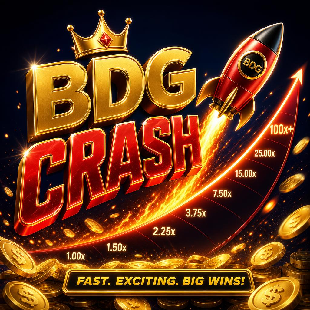 BDG Crash artwork with a rocket climbing a rising multiplier curve
